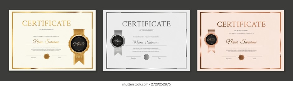 Three elegant achievement certificate templates: gold, silver, and bronze. Premium design with metal frames and badges. Editable vector for recognition and business.
