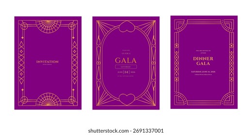 Three elegant Art Deco invitations with golden geometric frames on a rich purple background. Perfect for gala dinner events.