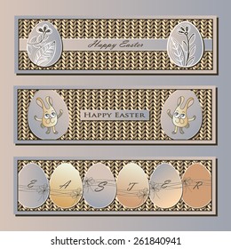 Three elegant banners with easter eggs and rabbits in pastel colors on the knitted background. EPS10 vector file organized in layers for easy editing.