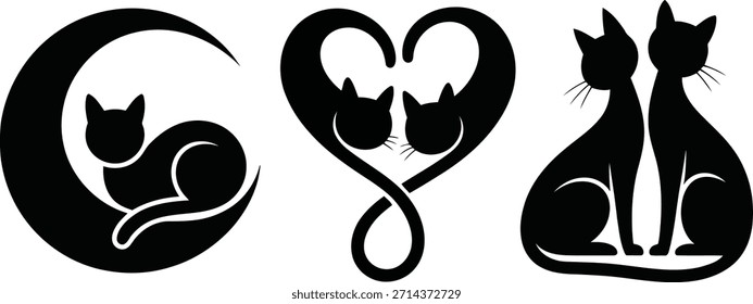 Três elegantes silhuetas de gato preto mostrando um gato em uma lua, dois gatos formando um coração e um par sentado juntos.