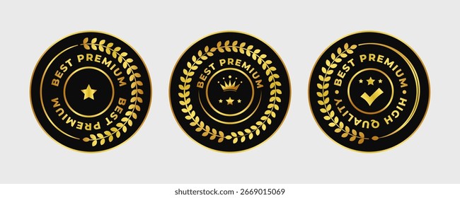 Three elegant black seals with gold details and symbols. Badge with laurel, crown and text best premium