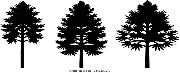 Three elegant black silhouette pine trees in a simple vector design with a clean and minimalist style