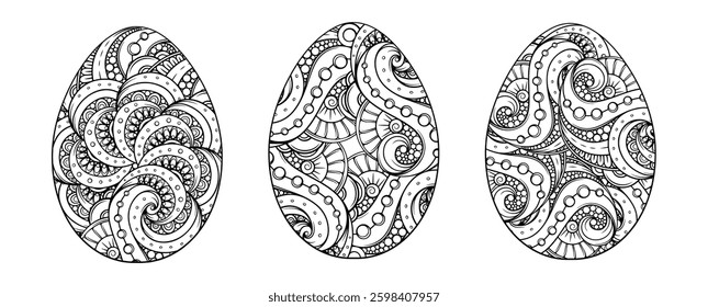 Three Elegant Black and white intricate Swirl Pattern Easter Eggs Antistress Coloring Page.