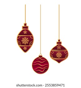 Three elegant burgundy Christmas ornaments with gold trim, featuring snowflakes and decorative wave patterns