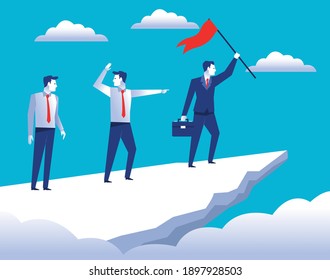 three elegant businessmen workers in the top mountain with success flag vector illustration design