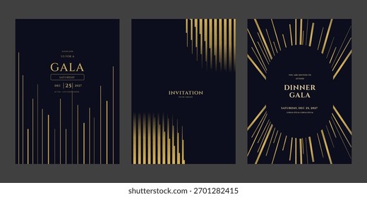 Three elegant dinner gala invitation templates featuring abstract gold lines on a dark background. Perfect for luxury events and parties