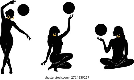 Tres elegantes siluetas femeninas en distintas poses interactúan con esferas negras flotantes sugiriendo temas de control del equilibrio y energía femenina consciente adecuados para proyectos artísticos o conceptuales.