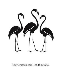 Três elegantes silhuetas de Flamingo em uma fileira, ilustração de vetor preto minimalista no fundo branco