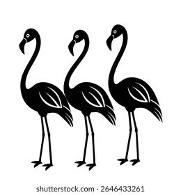 Three Elegant Flamingo Silhouettes in a Row, Minimalist Black Vector Illustration on White Background