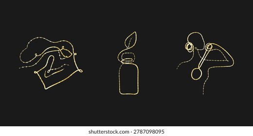 Three elegant gold continuous line art illustrations on a black background. One features an abstract flowing form. Another depicts a bottle with a leaf.