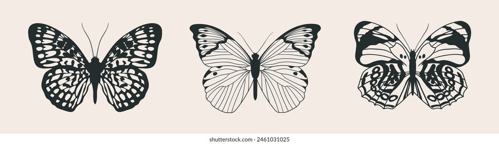 Three elegant, graceful butterflies in retro style, top view. Moth vector illustration, hand drawn with ink. Beautiful monochrome exotic insects.	
