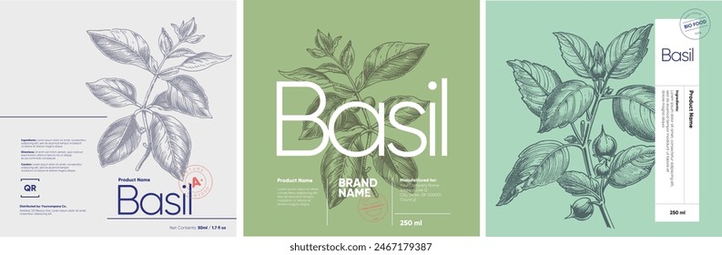 Three elegant labels showcasing basil plant illustrations in an engraving style, set against pastel-colored backgrounds with prominent, stylish typography.