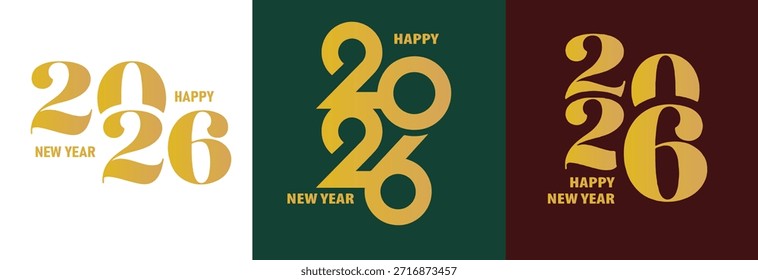 Three elegant New Year 2026 greeting cards with different background colors. Each card features the year 2026 in a stylized font, accompanied by the phrase 'Happy New Year' in a complementary script.