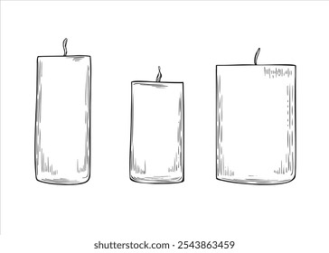 Três elegantes velas pilar de diferentes alturas com chama em chamas em monocromática mão desenhada linha preta ilustração clip art. Composição de férias minimalista para design de salão de spa, Xmas poster.