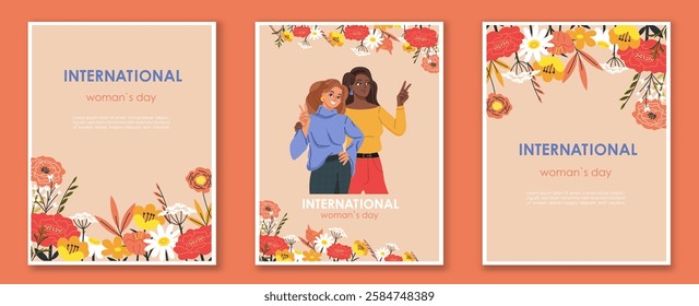 Three elegant posters for International Women s Day featuring floral decorations and diverse women on a warm beige background. Celebration concept. Vector illustrations