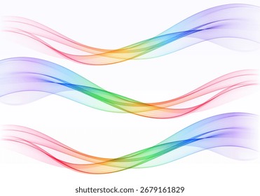 Tres elegantes ondas abstractas de color arcoíris que fluyen suavemente a través de un fondo blanco.