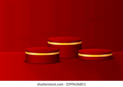 Three elegant red display stands are arranged against bold red background, beautifully contrasting and highlighting their vibrant colors and round shapes. Vector illustration.