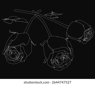 Três rosas elegantes desenhadas em estilo de arte de linha limpa, com pétalas detalhadas e folhas em um fundo preto sólido. O contraste monocromático destaca o delicado design floral