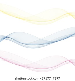 Tres elegantes ondas transparentes de colores amarillo, azul y rosa sobre un fondo blanco. Eps 10