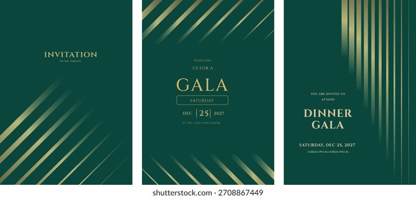 Tres elegantes Plantillas de invitación a la Vertical para un evento de gala, con detalles dorados sobre un fondo verde oscuro.