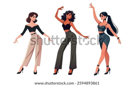 Three Elegant Women in Chic Outfits Dancing and Posing Gracefully, Stylized Illustration	

