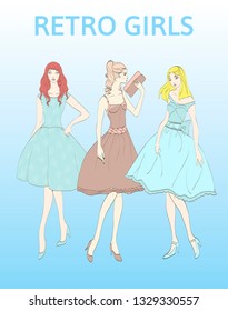 Three elegant women dressed in retro dresses. Polka dots. Vintage dress. 1950s girls. Vector illustration.