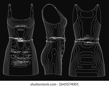 Three elegant women's dresses sketched in fine detail, each featuring a unique design with intricate patterns and flowing silhouettes. The black background creates a striking contrast, emphasizing.