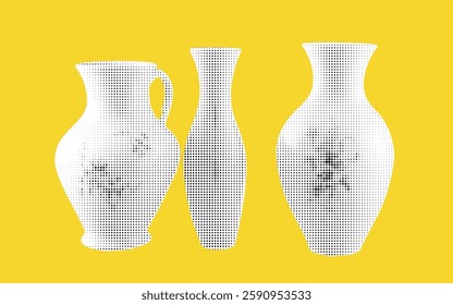 Three elegantly shaped vases with intricate designs are presented against a bright yellow background, showcasing a bold halftone effect that enhances their unique forms and textures.