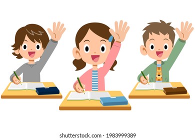 Three elementary school boys and girls raising their hands to announce