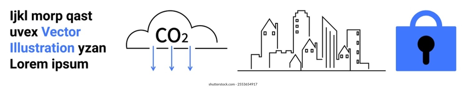 Three elements. Cloud with CO2, city skyline, blue padlock. Ideal for environmental impact, urban planning, data security, climate change, technology. Landing page