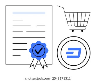 Tres Elementos incluyen un documento con una cinta azul y una marca de verificación, un logotipo de criptomoneda de moneda azul dentro de un círculo y un contorno de Carrito de compras. Ideal para transacciones financieras, criptomonedas