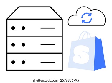 Three elements including a data storage server, cloud sync symbol, and shopping bag with an S mark. Ideal for technology, cloud computing, data storage, e-commerce, and retail themes. Minimalistic