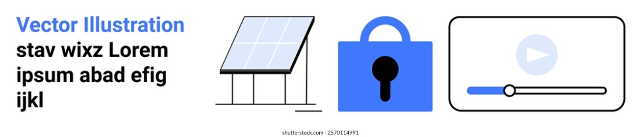 Three elements including a solar panel, a padlock, and a video player interface. Ideal for renewable energy, cybersecurity, education, technology integration, and online learning. Banner for landing