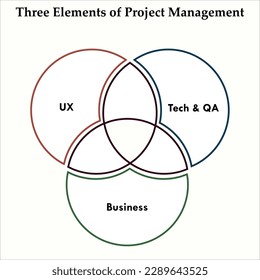 Three elements of Project Management - UX, Business, Tech and QA. Infographic template