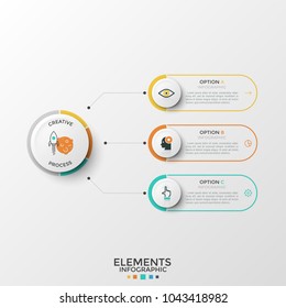 Three elements with thin line symbols and place for text inside connected to circle. Concept of 3 characteristics of successful startup launch. Modern infographic design template. Vector illustration.