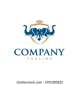 Three Elephant Head in Shield and Crown Blue Gold Color Logo Vector svg