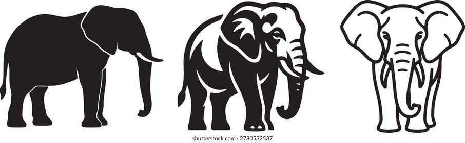 Three elephant illustrations in different perspectives, a side view, a, a solid black silhouendtte a detailed