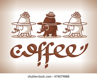 Three elephants carry the bags of coffee Vector illustration