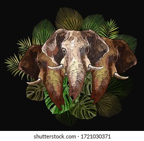 Three elephants head and palm leaves. Embroidery. Indian jungle animals. Template for clothes, textiles, t-shirt design. Wildlife art  svg
