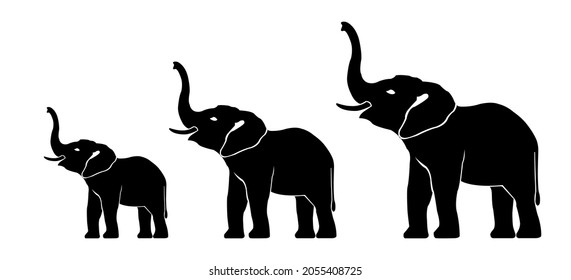 Three elephants with raised trunks - symbol of wealth and strength. Vector illustration.