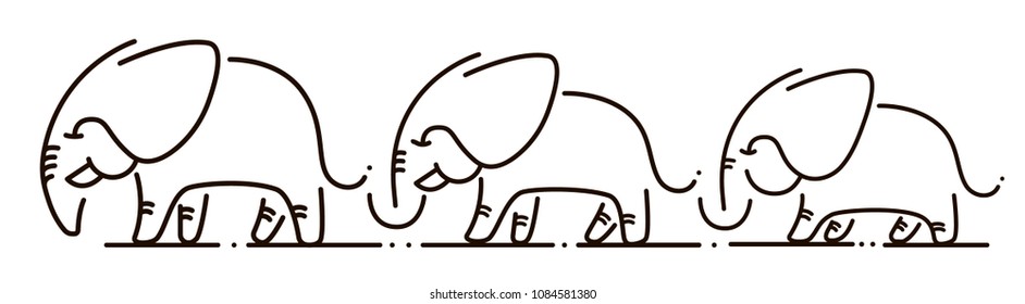 Three elephants walking in a line, holding their tails