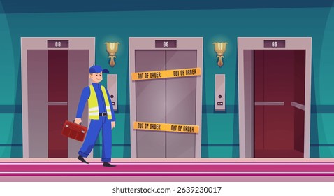 Three elevators with different door opening positions, one with out of order yellow tape. The worker is going to repair the broken lift. Vector flat illustration. Cartoon public lobby hall interior