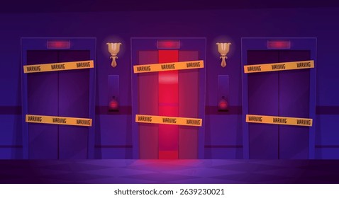 Three elevators with different door opening positions sealed with yellow warning tape. Public lobby interior. Vector flat illustration. Cartoon dark hall and corridor with out of order lifts