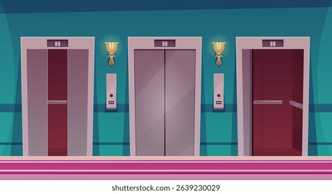 Three elevators with different door opening positions. Public lobby interior. Vector flat illustration. Cartoon hall and corridor with lighting