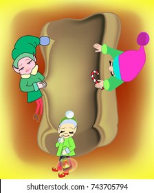 Three elf with a manuscript for notes and congratulations
