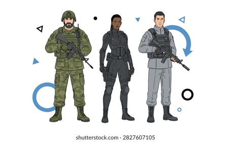 Three elite military operators in diverse tactical gear and uniforms stand with rifles representing modern infantry soldiers prepared for combat missions.