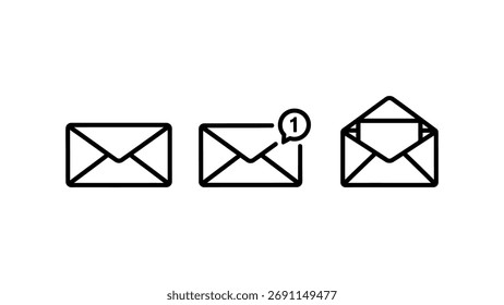 Three Email Envelope Icons with Notification Keywords: email, envelope, message, communication