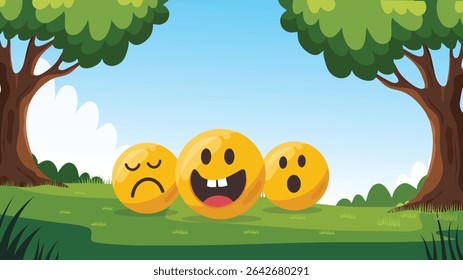 Three emoji characters with different moods resting under trees on emoji day