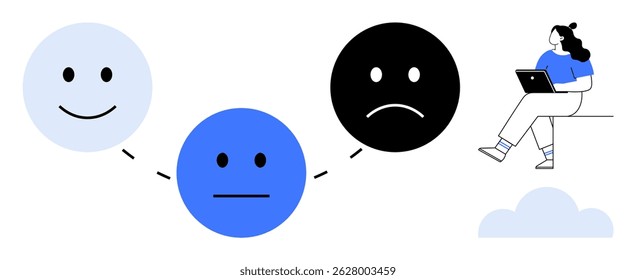 Three emoticon faces transitioning from happy to neutral to sad, connected by dashed lines. Remote worker using laptop, sitting on edge of a cloud. Ideal for mental health, mood tracking