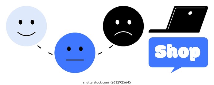 Three emoticons represent customer satisfaction levels ranging from happy and neutral to sad. Next to the emoticons is a laptop and a speech bubble with the word shop. Ideal for customer feedback